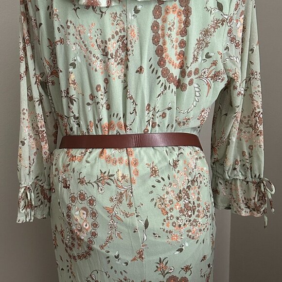 LADIES MINT/BRN PAISLEY LONG SLEEVE DRESS WITH RUFFELED NECK/BTM, Sz, L - Picture 3 of 3